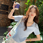 蓝色正肩V领短袖 T恤女2026春夏新款 高级感宽松显瘦超好看单穿上衣
