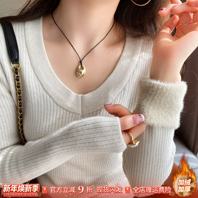 V领加绒加厚针织衫女修身