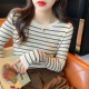 上衣 秋冬圆领毛衣内搭修身 黑白条纹羊毛针织打底衫 女外穿2026新款