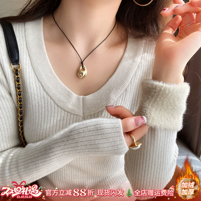 V领加绒加厚针织衫女修身