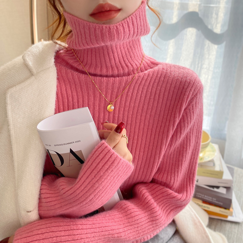 粉色毛衣女秋冬加厚内搭2025新款爆款高领打底衫堆堆领针织衫上衣