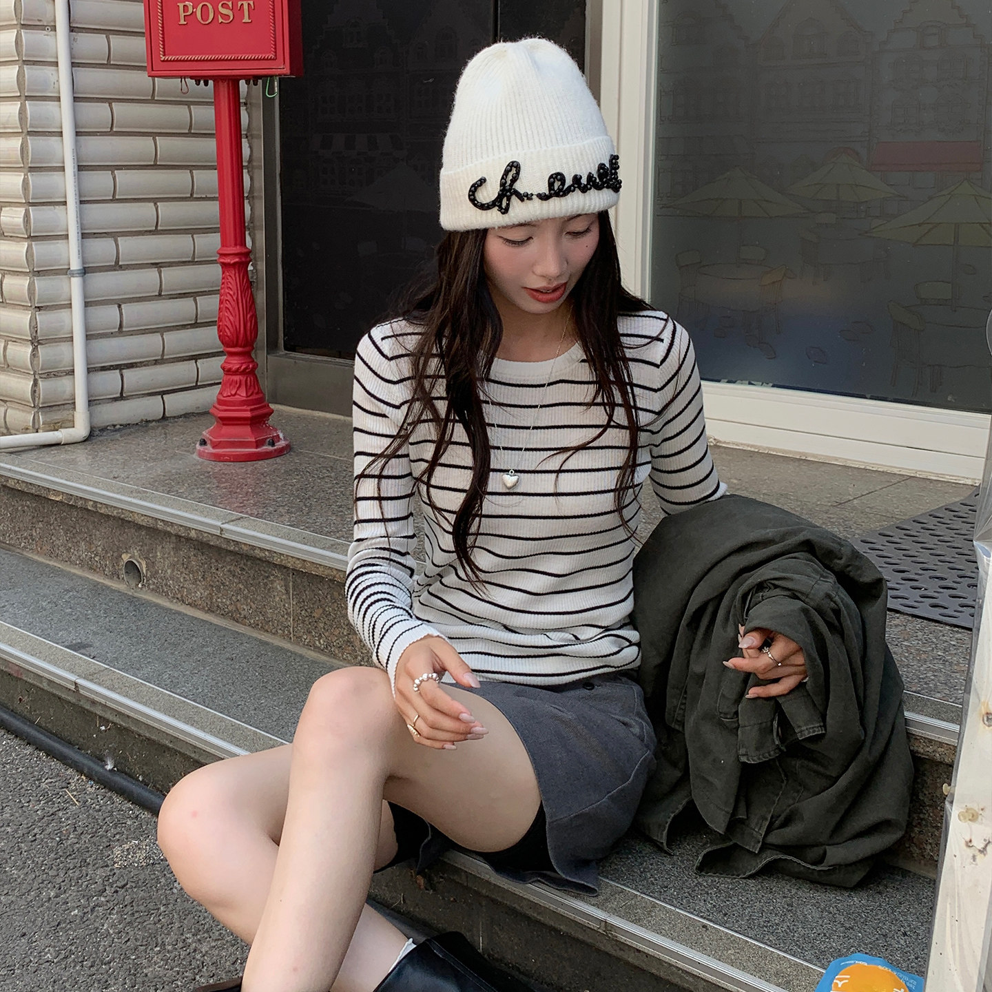 【圆领羊毛条纹针织】撞色上衣女图片