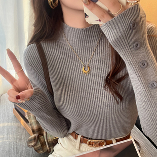 针织毛衣巨好看上衣 秋冬季 龙妹家灰色半高领打底衫 女内搭2025新款