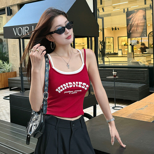 上衣打底 内搭无袖 龙妹红色假两件美式 吊带带胸垫背心女春夏外穿款