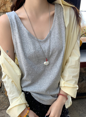 龙妹家灰色竹节棉亚麻吊带背心女夏外穿新款宽松大码内搭无袖上衣