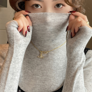 高领打底衫女冬新款2025年灰白色针织上衣洋气堆堆领修身毛衣内搭