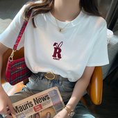 t恤女2026春夏新款 白色宽松显瘦小个子百搭纯棉正肩上衣 印花短袖