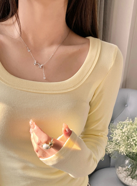黄色修身显瘦低领长袖T恤女内搭2026春装方领外穿正肩打底衫上衣