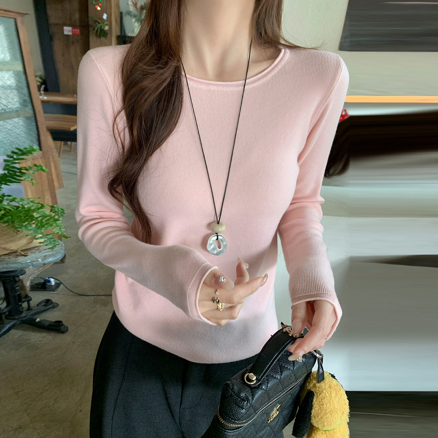 龙妹粉色低圆领打底衫女外穿内搭毛衣2026春季新款巨好看针织上衣