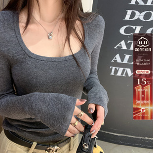龙妹灰色方领羊毛针织打底衫女内搭2026春秋新款低领毛衣修身上衣