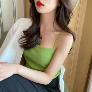 冰丝绿色吊带背心女春夏外穿针织抹胸内搭ins超火露肩无袖 上衣女