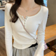 T恤显瘦低领上衣 白色纯棉长袖 纯色正肩打底衫 女内搭2026春夏新款