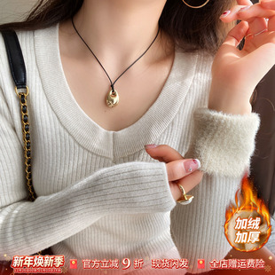 加绒加厚低领打底衫女款内搭秋冬季修身保暖白色V领毛衣针织上衣