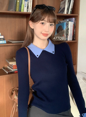龙妹家假两件毛衣打底衫女装内搭2025新款秋冬藏蓝色针织气质上衣