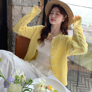 龙妹家黄色麻花针织开衫外套女新款春秋穿搭慵懒高级毛衣内搭上衣