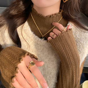 针织半高领木耳边打底衫女2025新款中领毛衣秋冬内搭高级长袖上衣