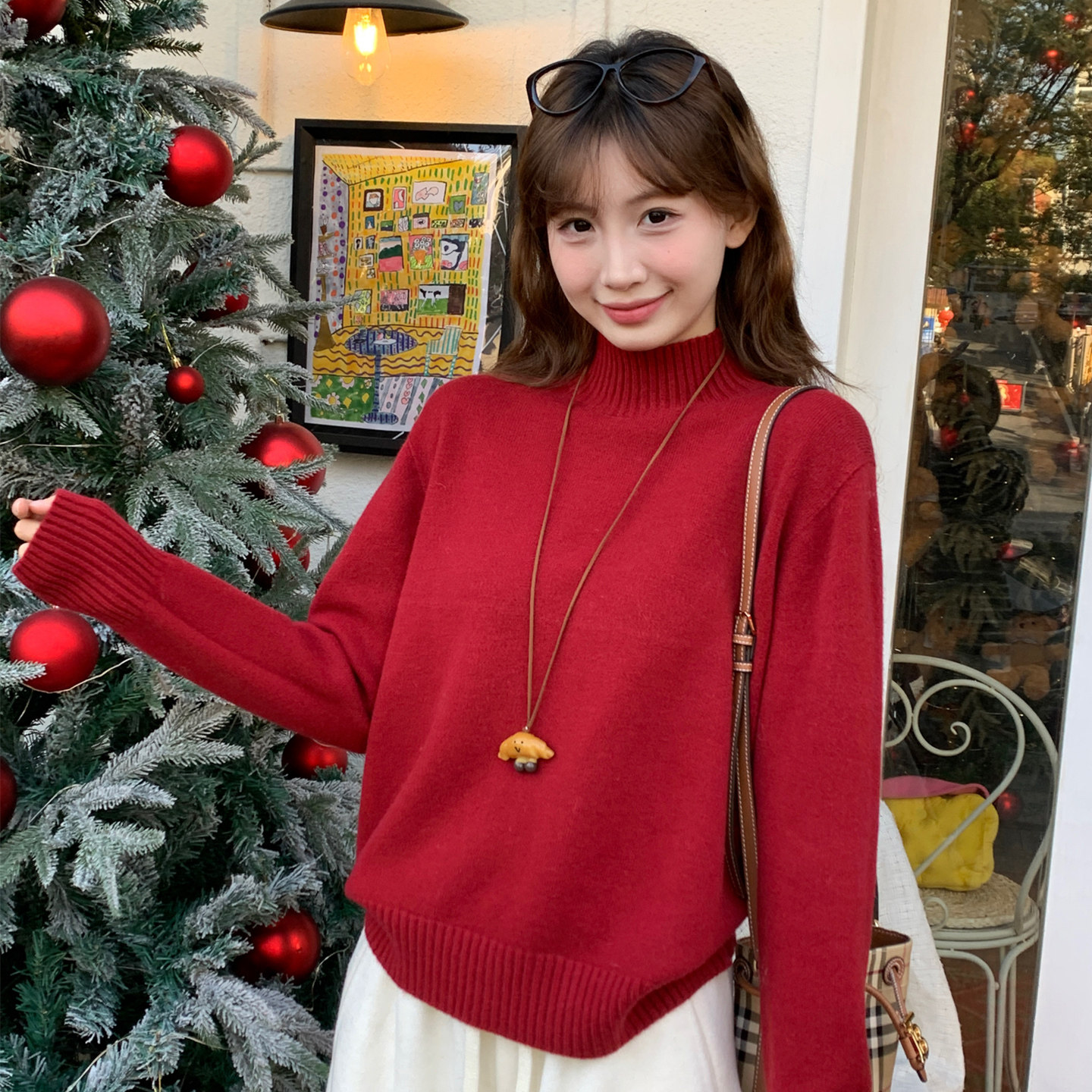 龙妹家红色半高领羊绒打底衫女内搭2025新款冬季毛衣好看针织上衣