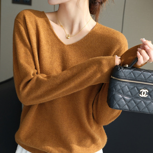 龙妹家橘色V领羊绒打底衫毛衣女内搭2025冬新款韩系穿搭针织上衣