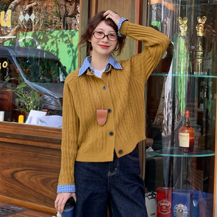 龙妹橘黄色假两件毛衣开衫外套女外穿2026春季新款POLO领针织上衣
