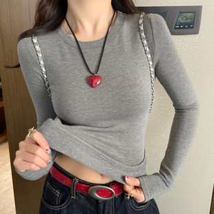 灰色圆领长袖T恤女2026春秋新款紧身磨毛加绒打底衫白色修身上衣