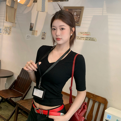 低V领中袖打底衫女内搭修身上衣