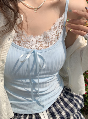 蓝色蕾丝带胸垫背心女内搭2025春夏新款纯欲吊带打底外穿无袖上衣