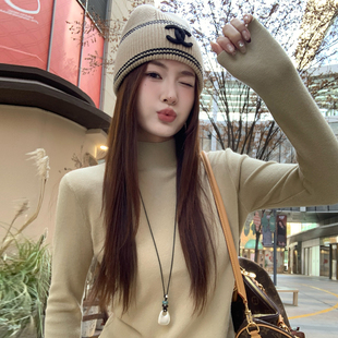 韩系穿搭针织上衣 冬季 龙妹卡其色半高领打底衫 毛衣女内搭2025新款