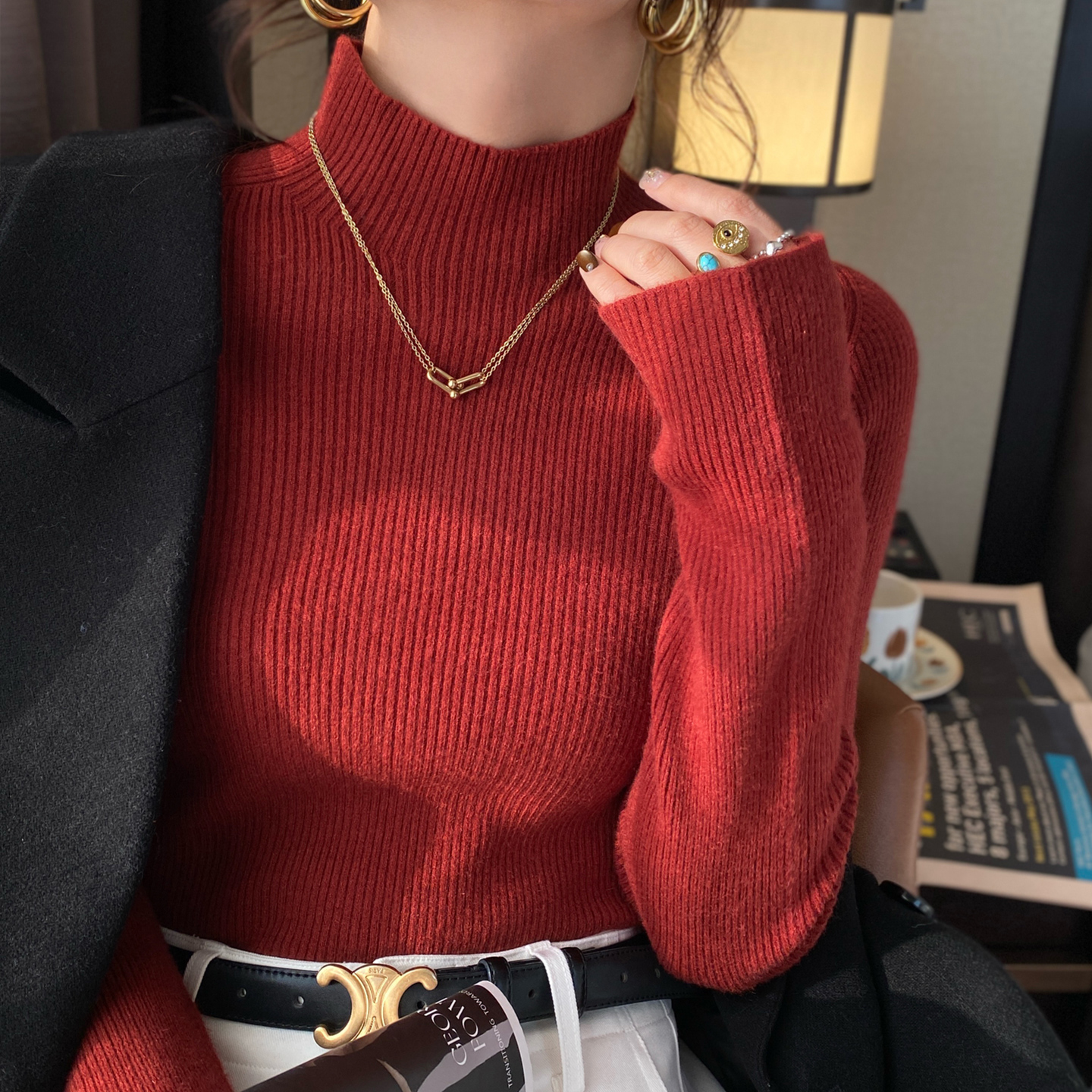 【韩系穿搭】红色半高领打底衫