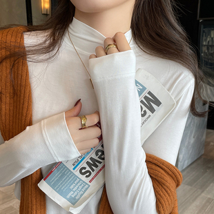 T恤中领上衣 白色洋气长袖 莫代尔半高领加绒打底衫 女内搭2026新款