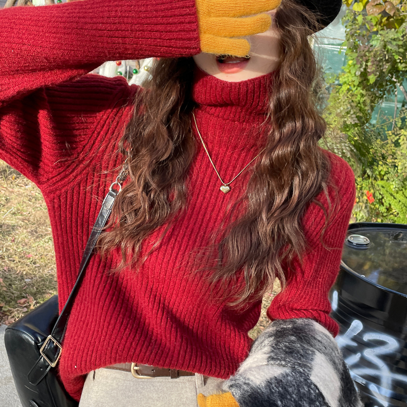 堆堆领修身长袖针织毛衣女