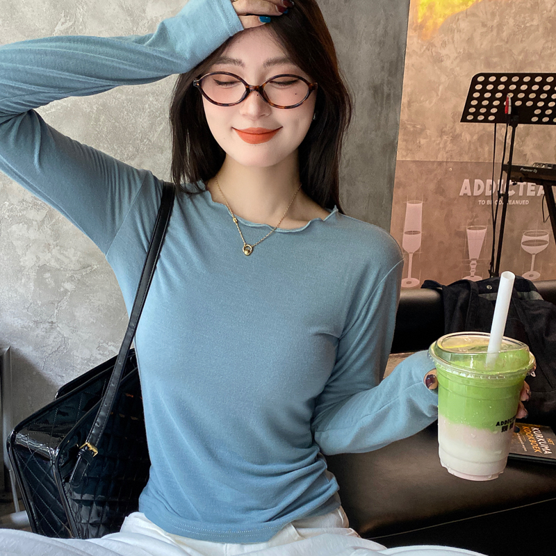 木耳边圆领长袖打底衫纯色内搭女