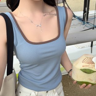 上衣 内搭打底无袖 蓝色方领吊带背心女外穿2026春夏新款 遮副乳西装