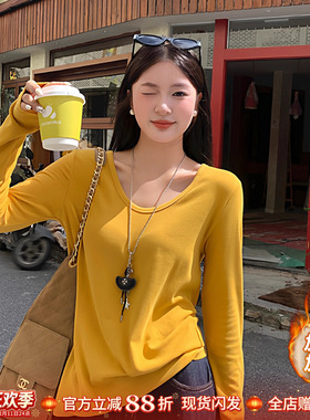 姜黄色V领正肩长袖T恤女2025冬季加绒内搭白色打底衫宽松好看上衣