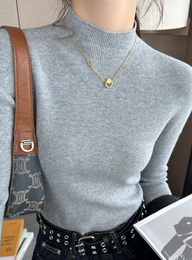 浅灰色半高领羊毛打底衫女装内搭毛衣2025冬季新款针织修身黑上衣