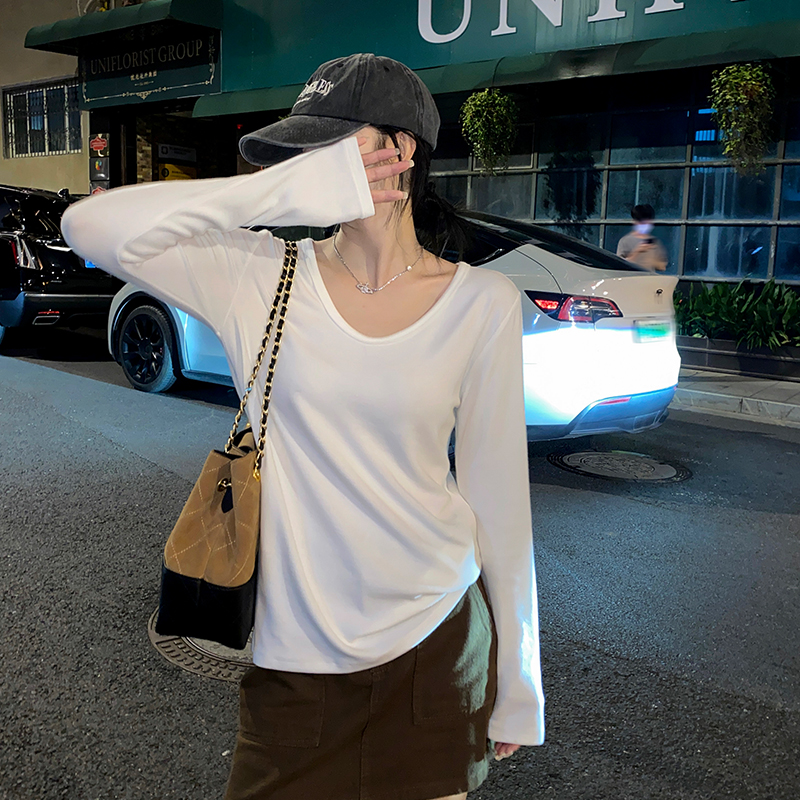 白色V领长袖T恤女修身打底