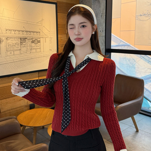 龙妹假两件马年红色毛衣女外穿内搭2026春季 翻领针织打底上衣 新款