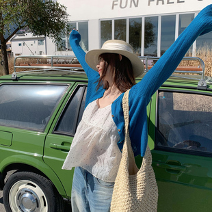 龙妹家蓝色针织开衫外套女春夏外搭2026新款防晒罩衫薄款宽松上衣