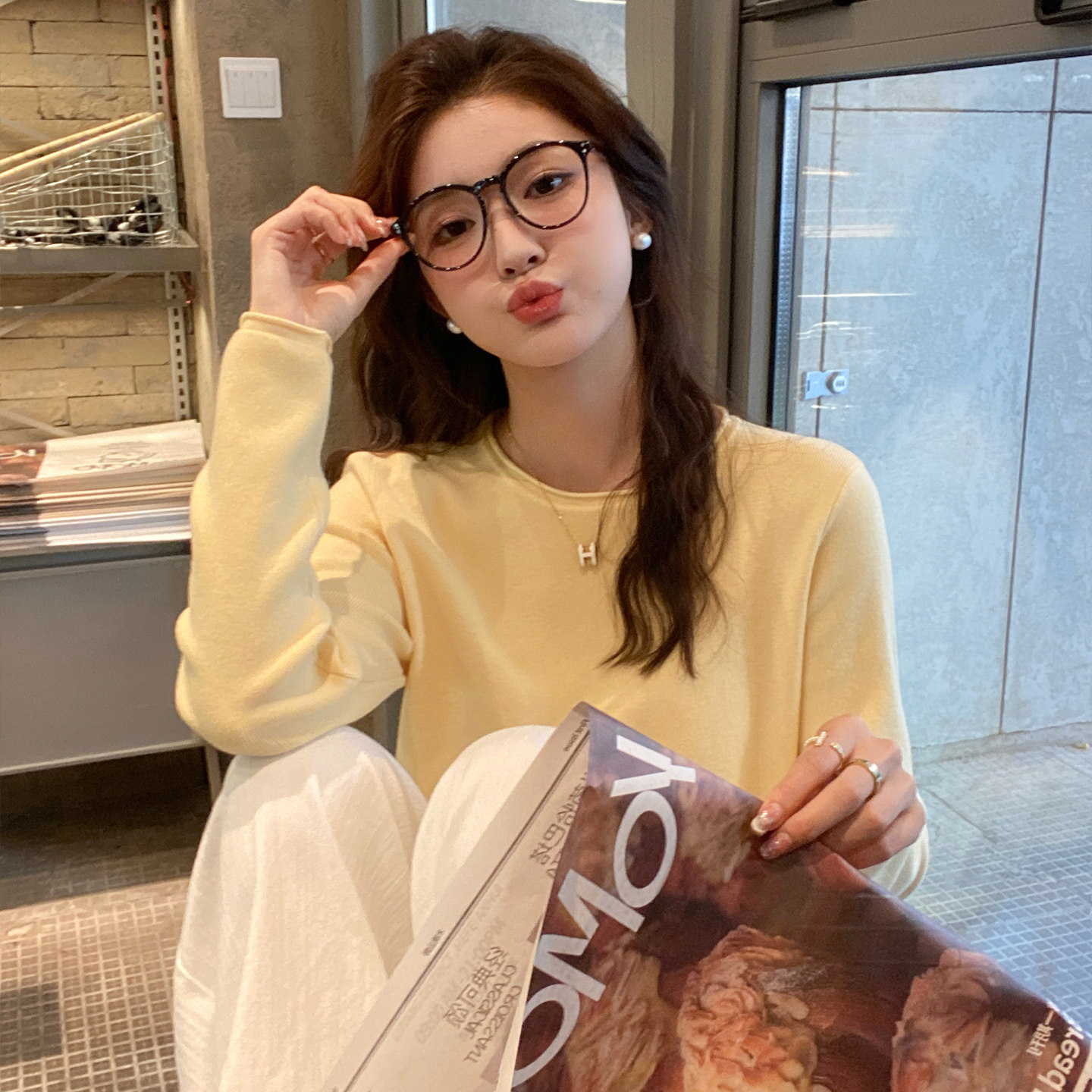 龙妹黄色圆领打底衫女内搭毛衣可外穿2026春新款宽松好看针织上衣