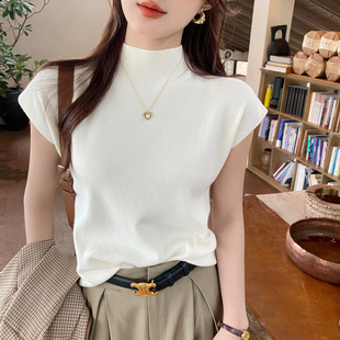 早秋短袖针织打底衫女内搭2025新款白色t恤半高领修身小飞袖上衣