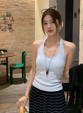 龙妹蓝色挂脖吊带带胸垫绝美背心女夏外穿内搭2026新款无袖小上衣