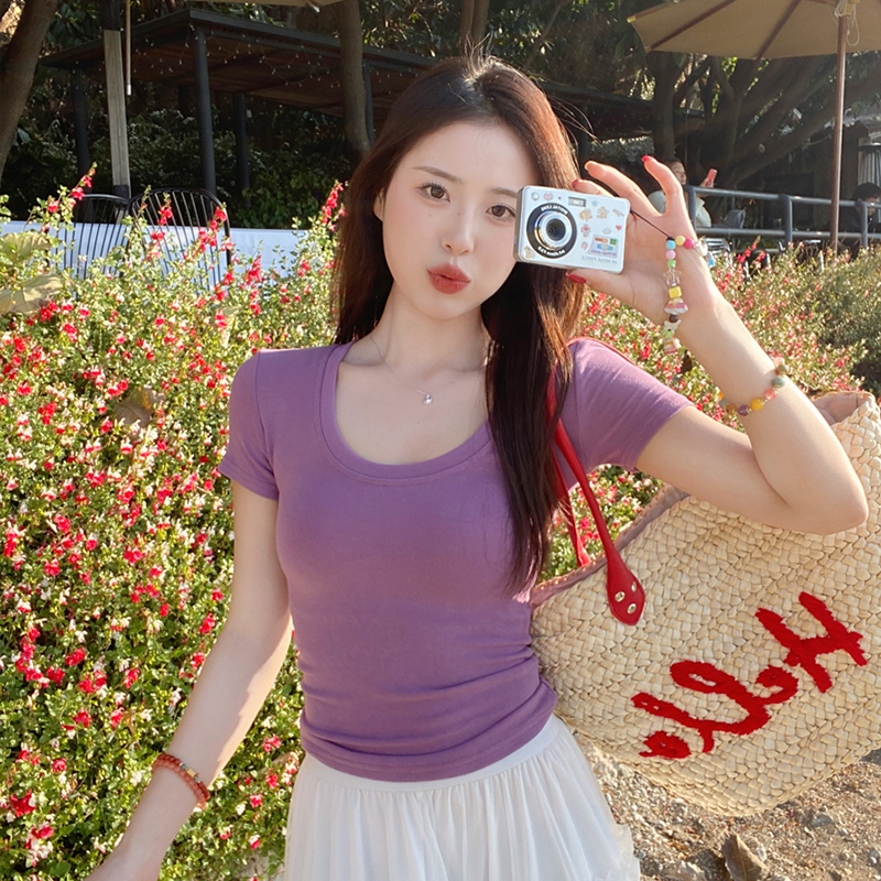 紫色U领短袖T恤女修身显瘦