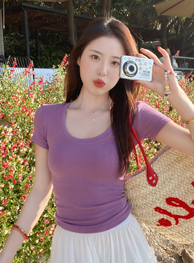 龙妹家紫色U领短袖T恤女2026春夏新款修身显瘦短款多巴胺半袖上衣