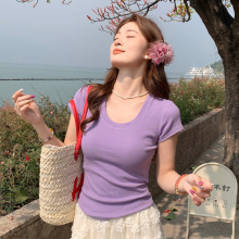 龙妹家紫色U领正肩短袖T恤女2025夏新款修身超好看独特漂亮小上衣