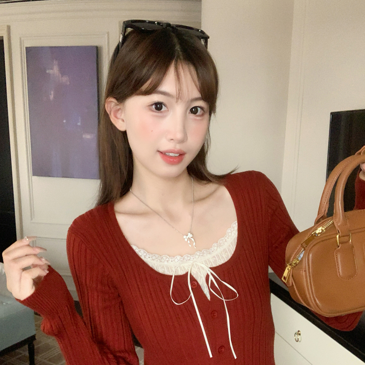 圆领蕾丝针织衫女内搭