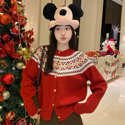 红色费尔岛风针织开衫外套女2025年春秋新款毛衣内搭长袖打底上衣