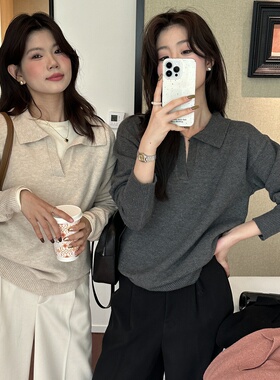 灰色翻领毛衣女内搭针织衫2025秋冬新款慵懒风POLO打底衫韩系上衣