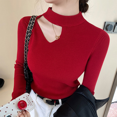 红色挂脖针织打底衫内搭上衣