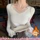 白色针织上衣打底衫 龙妹蕾丝V领加绒加厚毛衣女内搭好看新款 冬季