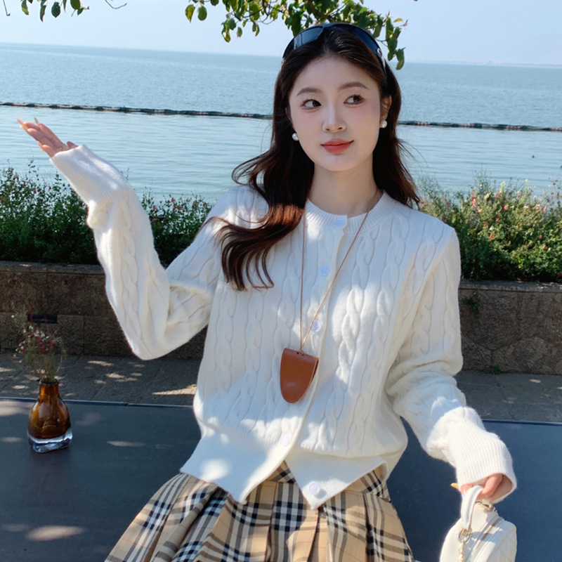 白色麻花圆领针织开衫2025春季新款女装独特漂亮毛衣外套长袖上衣