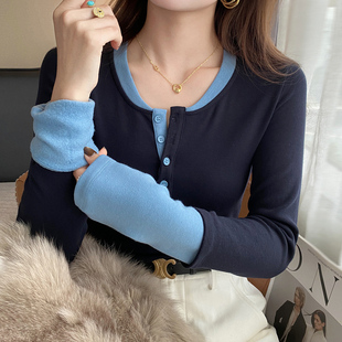 蓝色假两件加绒打底衫女内搭2026冬季新款长袖T恤高级感加厚上衣